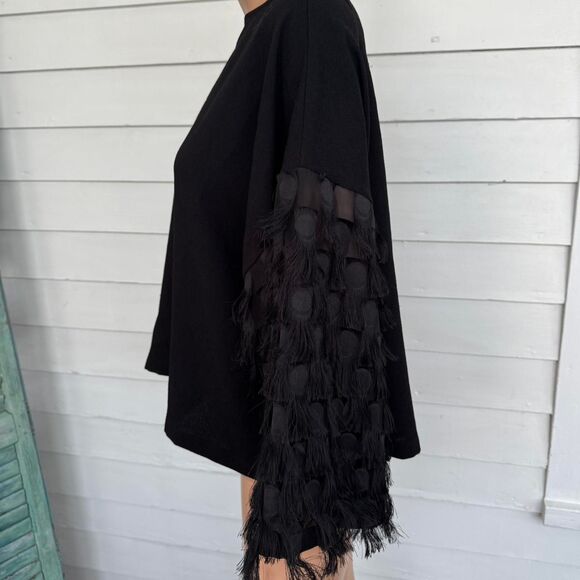 H&M Black Feathered Fringe Sleeve Black Blouse Boxy Top 14 - Picture 3 of 6
